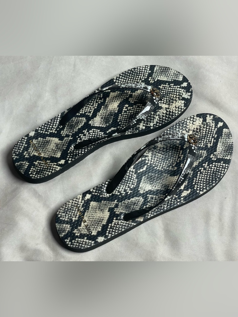 Tory Burch Black & Cream Snake-Print Jelly Flip Flops
